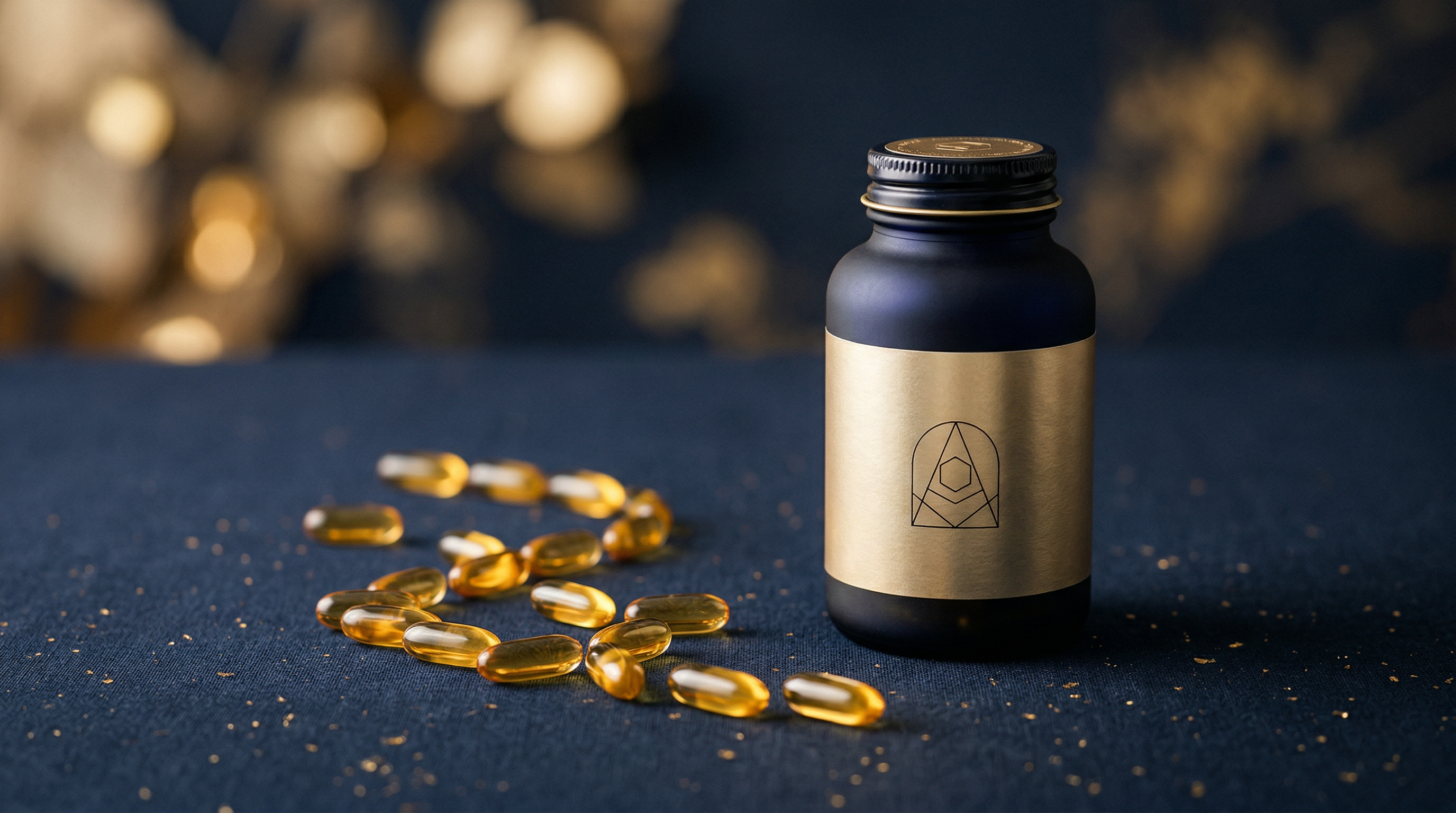 LIT Longevity premium supplement bottles with gold capsules on dark navy surface